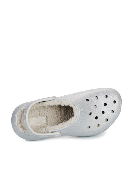 Crocs Classic Platform Glitter Γυναικεία Σαμπό με Γούνα Ασημί