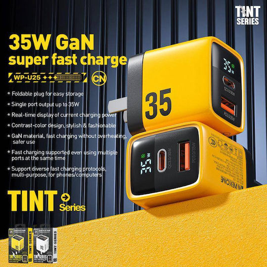 WK Charger Without Cable GaN with USB-A Port and USB-C Port 35W Power Delivery Yellows (WP-U25)