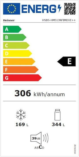 Heinner Ψυγείο Ντουλάπα 513lt Total NoFrost Υ177xΠ90xΒ66εκ. Μαύρο HSBS-HM513NFIMDXE++