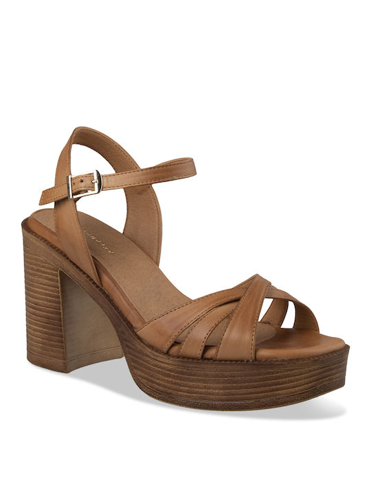 Tsouderos Shoes Platform Leather Women's Sandals Brown with Chunky High Heel