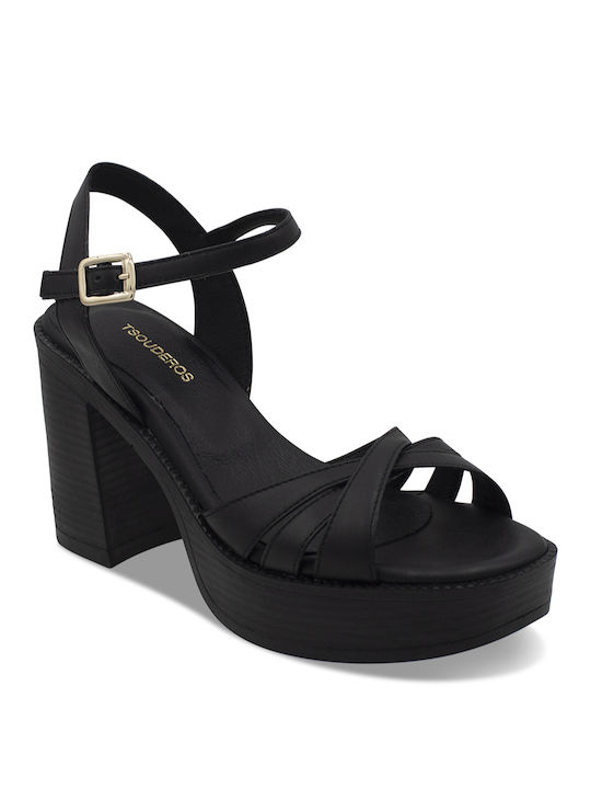 Tsouderos Shoes Platform Leather Women's Sandals Black with Chunky High Heel