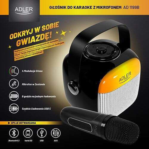 Adler Ηχείο Karaoke με Ασύρματο Μικρόφωνο και Εφέ Φωτισμού AD 1199 AD 1199b Μαύρο