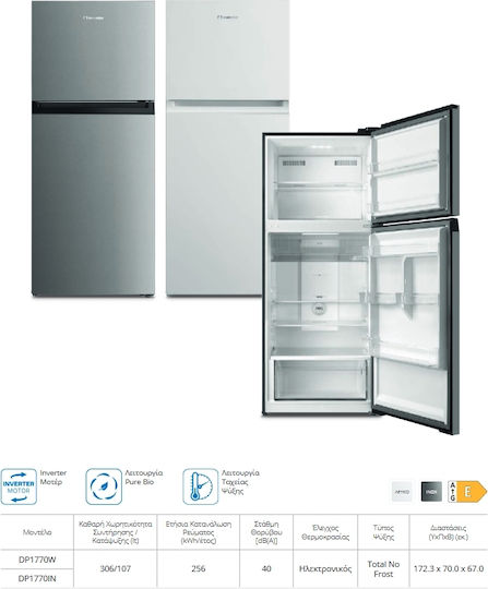 Inventor Frigider cu două uși 413lt Total NoFrost Î172.3xL70xA67cm. Inox DP1770IN