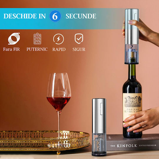 Deschizător electric de vin Vittalist cu accesoriu tăietor de folie reîncărcabil, aerator, pompă de vid și dop gri