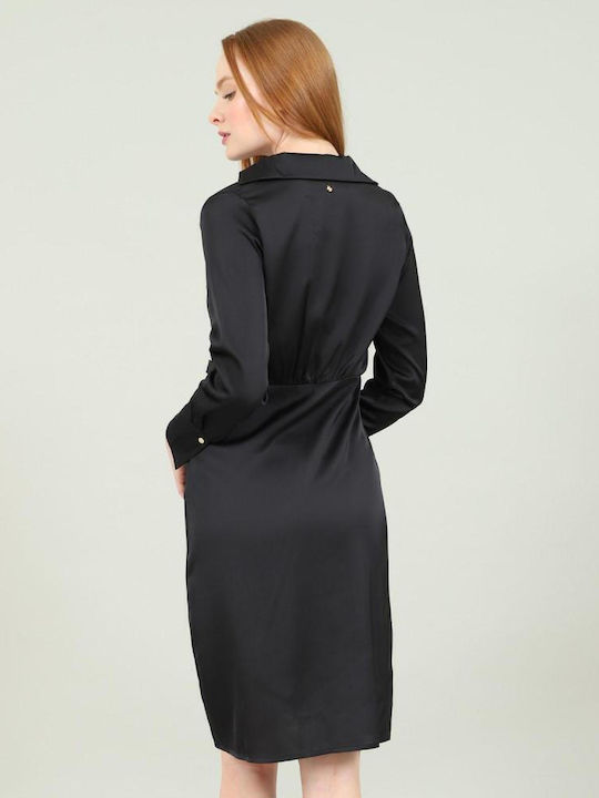 Doca Evening Long Sleeve Wrap Midi Dress with V Neck Black