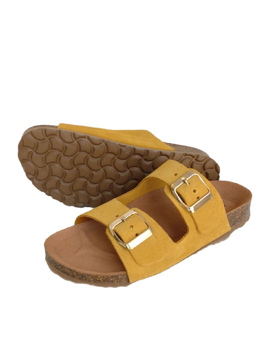 Δερμάτινα Γυναικεία Ανατομικά Σανδάλια Flatforms Κίτρινα