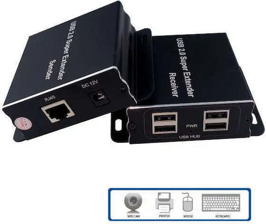 Удължител за USB Estillo Askhu04-usb 1x4 усилва USB сигнала до 100 м по UTP кабел Cat5e/6
