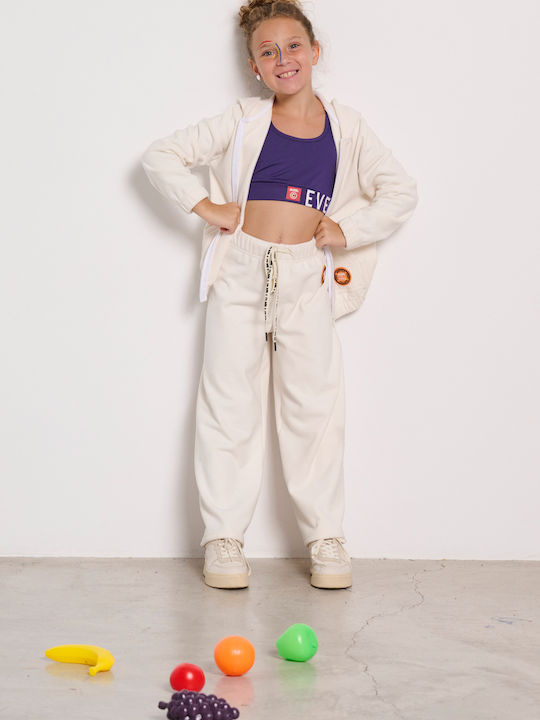 Fleece Kids Sweatshirt Cardigan with Hood and Pockets Ecru