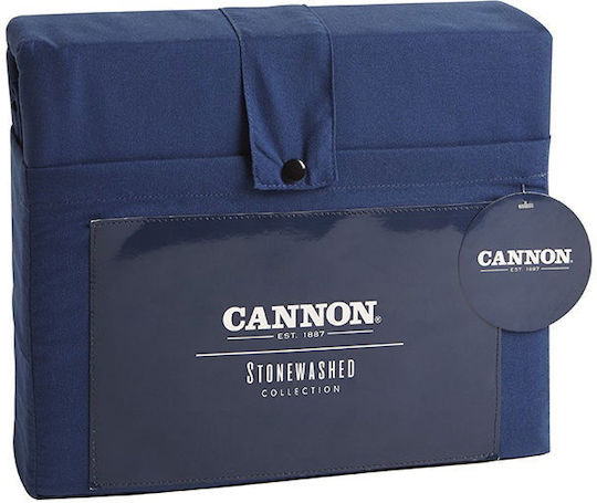 Cannon Stonewashed Σετ Σεντόνια Μονά με Λάστιχο 100x200+35εκ. Navy, Peony (3τμχ)