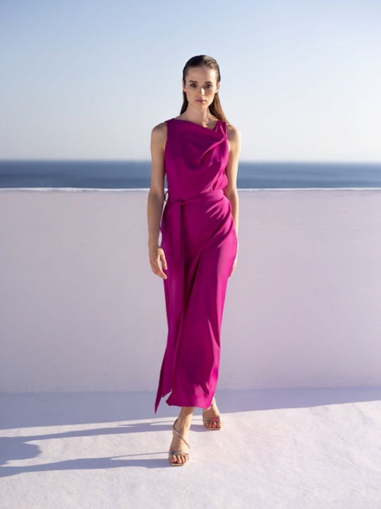 Rochie Midi cu Decolteu Larg Fucsia