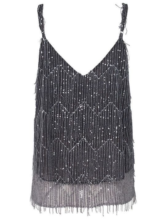 Women's Blouse with Straps & V Neckline Gray
