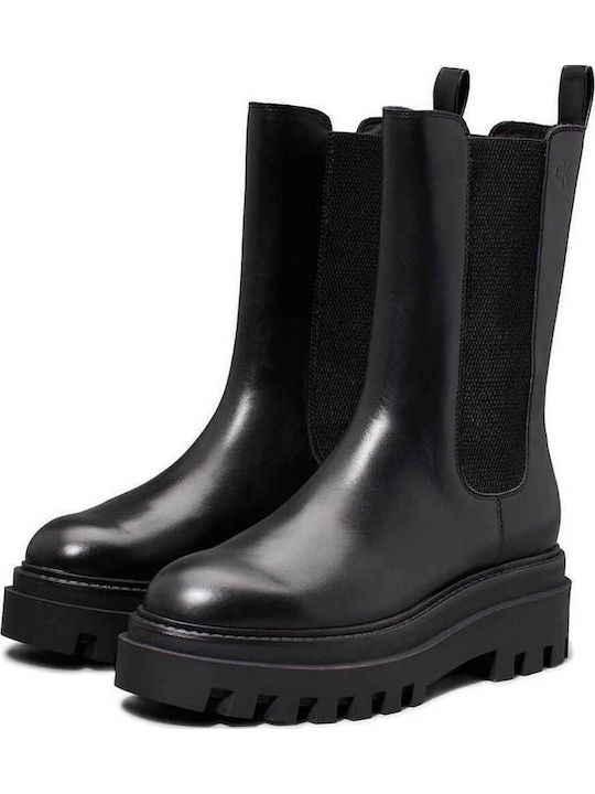 Leather Women's Chelsea Boots with Medium Heel Black