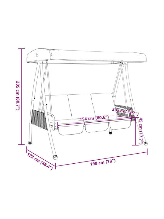 Leagăn cu bază și pernă 3 Locuri Metal Maro Rezistență până la 250kg L198xL123xH205cm