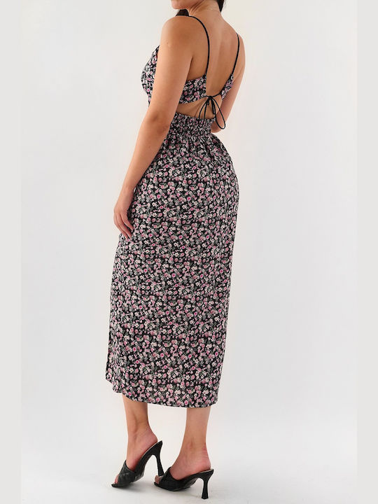 Marena Black Midi Floral Dress with Slit