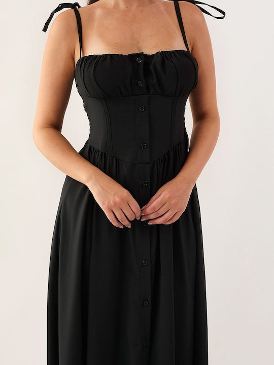 Lina Black Midi Dress with Buttons