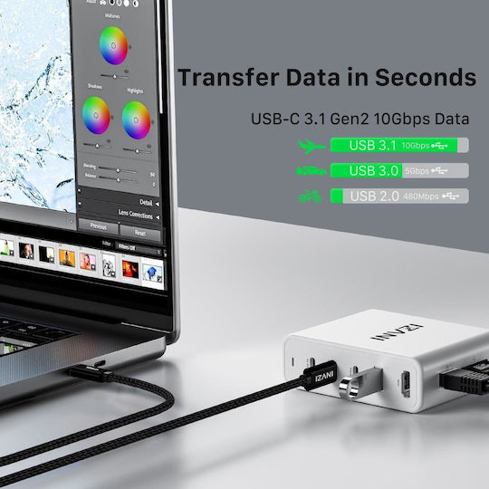INVZI Braided USB 3.2 Video Cable USB-C male - USB-C 100W PD Μαύρο 2m