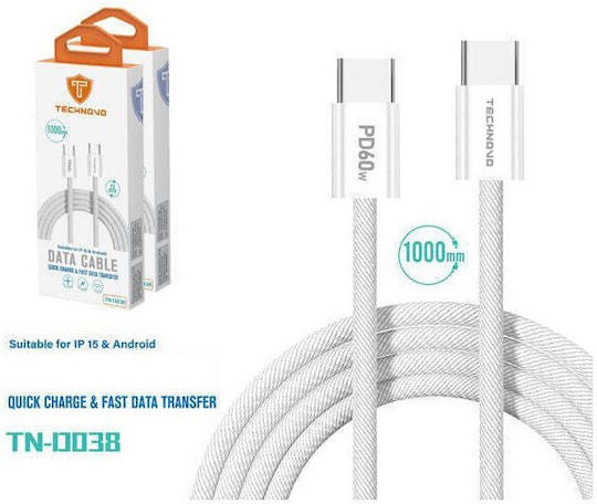 Technovo USB 2.0 Cable USB-C male - USB-C 66W PD Λευκό 1m TN-D038