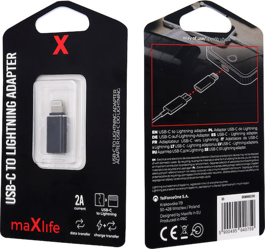 Maxlife Converter USB-C / Lightning male to USB-C / Lightning female Gray 1pcs