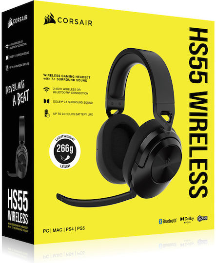 Corsair HS55 Wireless Over Ear Gaming Headset με σύνδεση Bluetooth / USB Carbon for PC / PS4