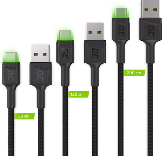 Green Cell Cablu LED USB 2.0 USB-C Masculin - USB-C 18W Verde 2m KABGCSET01 3 Bucăți