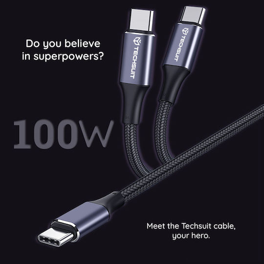 Techsuit USB 2.0 Kabel USB-C männlich - USB-C 100W PD Schwarzes 1m