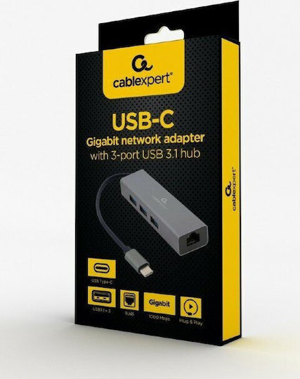Gembird A-cmu3-lan-01 Hub 4 Θυρών USB 2.0 με σύνδεση USB-C Λευκό