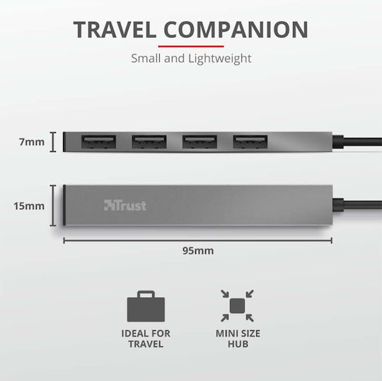 Trust USB-Hub 4 Anschlüsse USB 2.0 mit USB-A Anschluss Grau