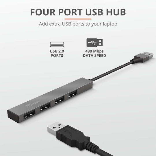 Trust USB-Hub 4 Anschlüsse USB 2.0 mit USB-A Anschluss Grau