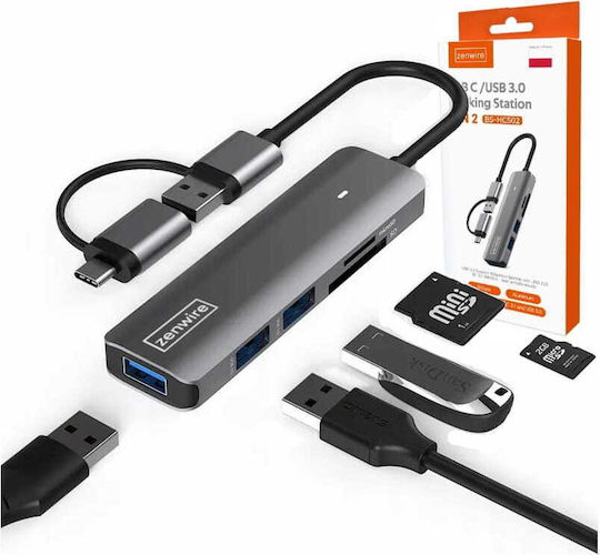 Zenwire Hub 3 Θυρών USB 3.0 με σύνδεση USB-A / USB-C Γκρι