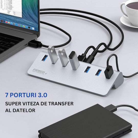 Fideco Hub 7 Θυρών USB 3.0 με σύνδεση USB-A Γκρι
