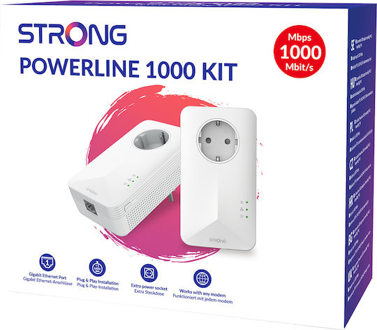 Strong Powerline 1000 V2 KIT Двойно за Жична Връзка с Пренос на електрозахранване Гнездо и Порт Гигабитов Ethernet