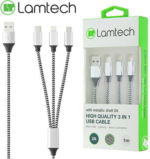 Lamtech Braided USB to micro USB / Lightning / Type-C Cable 2A Γκρι 1m (LAM450329)