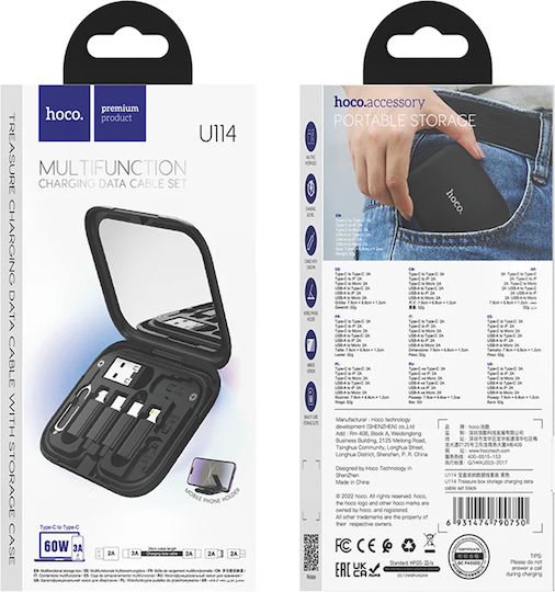 Hoco Regular USB to Lightning / Type-C / micro USB Cable 3A Μαύρο 0.28m (U114)