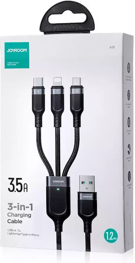 Joyroom S-1T3018A18 Braided Cablu USB la Lightning / Type-C / micro USB cu mai multe porturi 3.5A Negru 1.2m