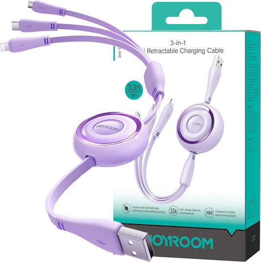 Joyroom S-A40 Подвижен USB към Lightning / Type-C / micro USB Кабел 3.5Спецификация Лилав 1м (S-A40)