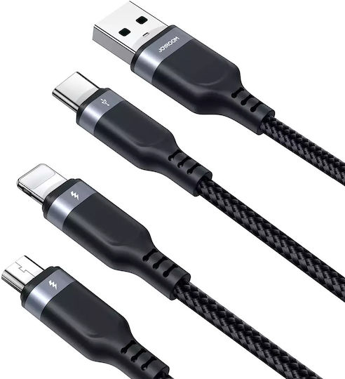 Joyroom S-1T3018A18 Braided Cablu USB la Lightning / Type-C / micro USB cu mai multe porturi 3.5A Negru 1.2m