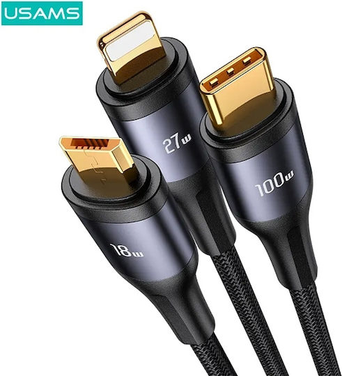 Usams Regular Cablu USB la Lightning / Type-C / micro USB cu mai multe porturi 3.6A Negru 1.2m (US-SJ600)
