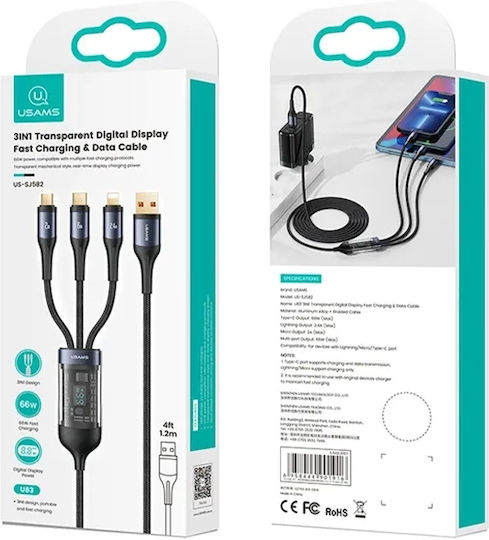 Usams Regular Cablu USB la Lightning / Type-C / micro USB cu mai multe porturi 2.4A Negru 1.2m (US-SJ582)