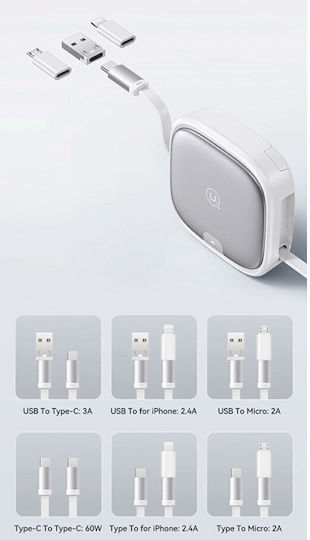 Usams US-SJ650 Ausziehbar / Tasche USB zu Typ-C,TC-TC / Blitzschlag / Micro-USB Kabel 3A Lila 1m (SJ650USB03)