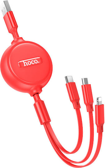 Hoco Retractable USB to Lightning / Type-C / micro USB Cable 2A Κόκκινο 1m