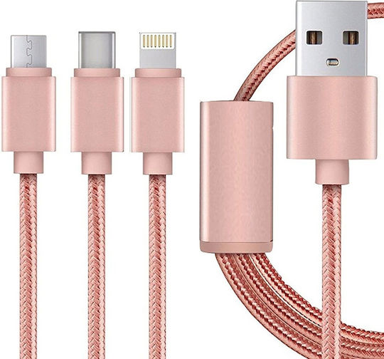 Braided USB to Lightning / Type-C / micro USB Cable Ροζ 1.2m (0519.060)