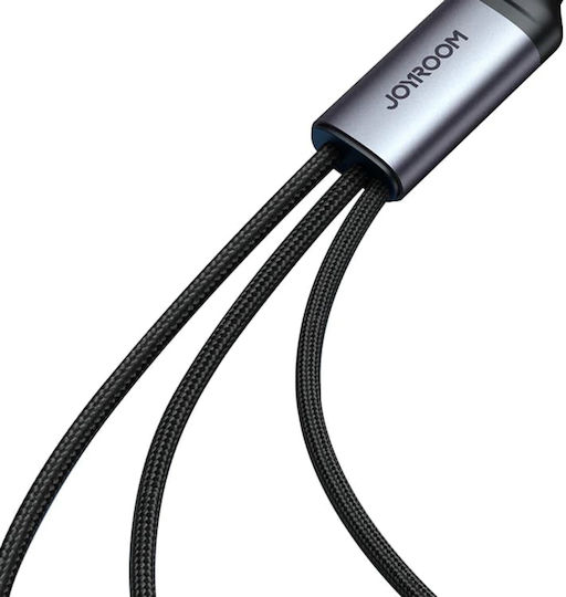 Joyroom SA21-1T3 Braided Cablu USB la Lightning / Type-C / micro USB cu mai multe porturi 2.4A Negru 1.2m