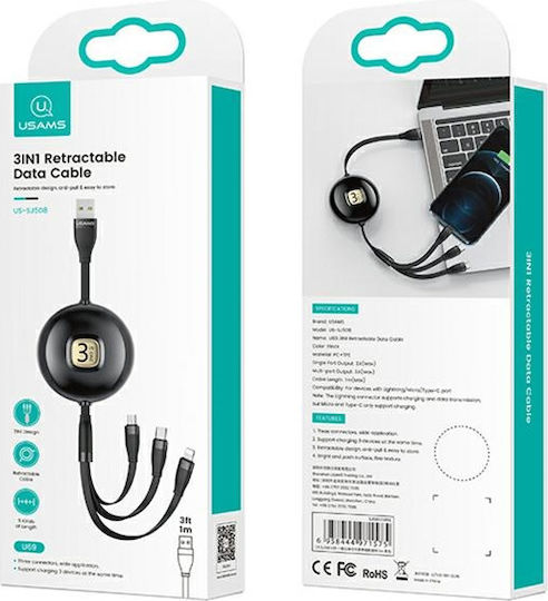 Usams US-SJ508 Ausziehbar USB zu Blitzschlag / Typ-C,TC-TC / Micro-USB Kabel Grün 1m (SJ508USB03)
