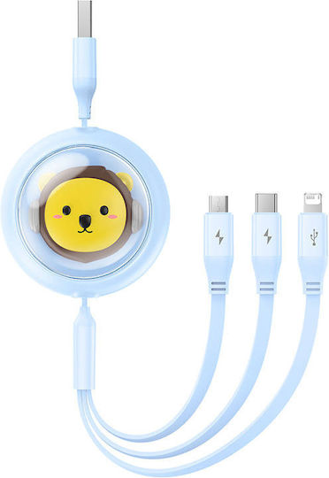 Baseus Flat / Retractable USB to Lightning / Type-C / micro USB 1.1m 3.5A Cable Blue (P10362900311-00)