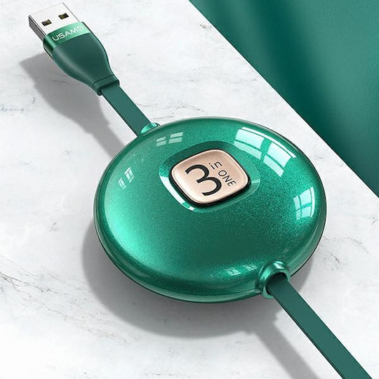 Usams US-SJ508 Ausziehbar USB zu Blitzschlag / Typ-C,TC-TC / Micro-USB Kabel Grün 1m (SJ508USB03)