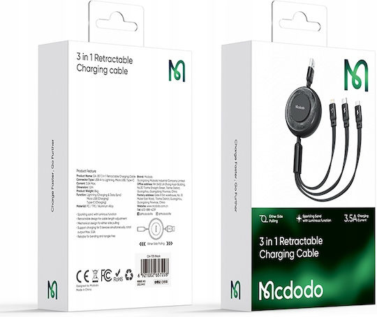 Mcdodo Flach / Ausziehbar USB zu Typ-C,TC-TC / Blitzschlag / Micro-USB Kabel 3A Schwarz 1.2m (CA-3570)