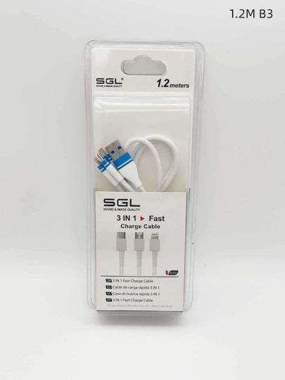 SGL Редовна USB към Lightning / Type-C / micro USB Кабел Бял 1.2м (099194)