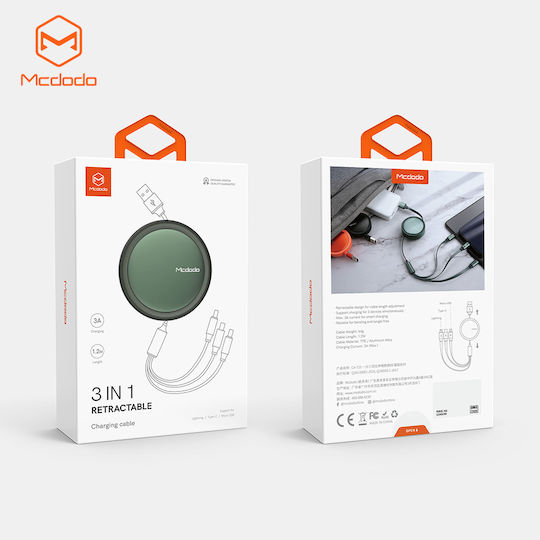 Mcdodo Flat / Retractable USB to Lightning / Type-C / micro USB 1.2m 3A Cable Orange (CA-7252)