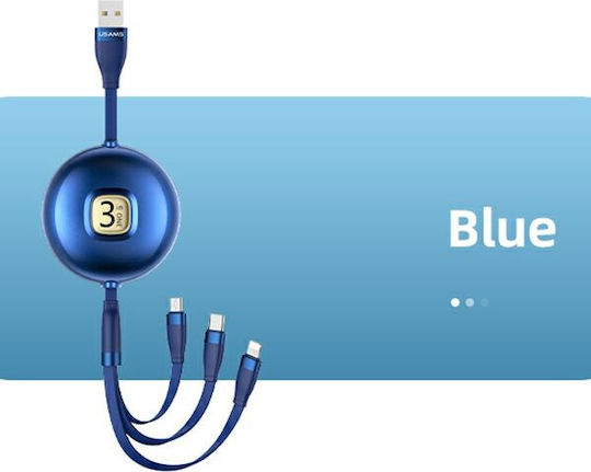 Usams US-SJ508 Ausziehbar USB zu Blitzschlag / Typ-C,TC-TC / Micro-USB Kabel Blau 1m (SJ508USB02)