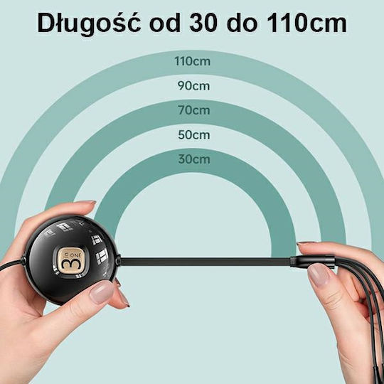Usams US-SJ508 Подвижен USB към Lightning / Type-C / micro USB Кабел Черен 1м (SJ508USB01)